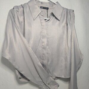 Zara Silver Grey faux silk button up Cropped Ruched Shoulders XS New NWT